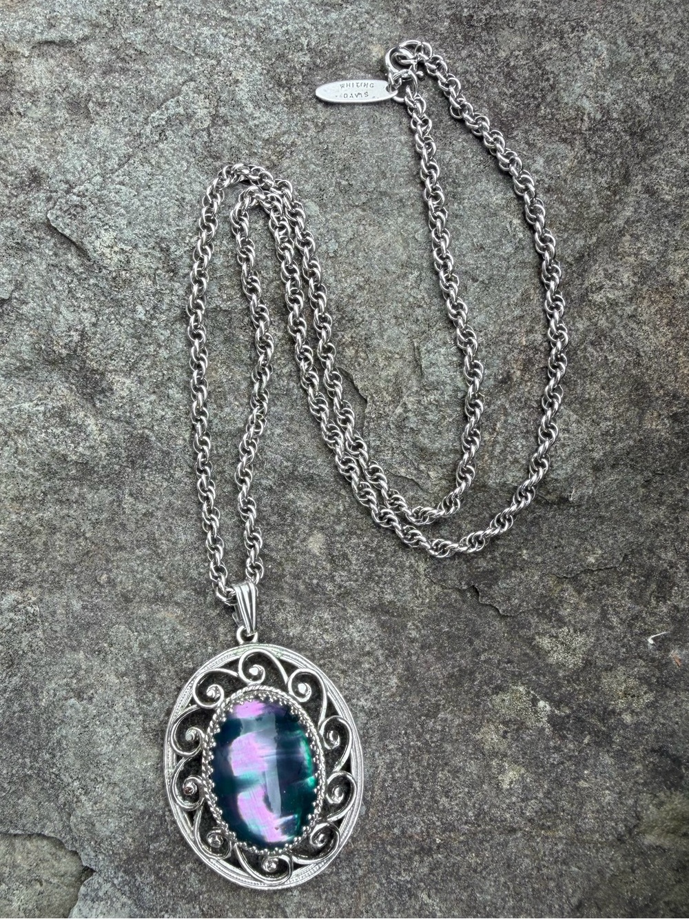 Vintage Whiting & Davis Iridescent Purple Green Silver Filigree Pendant Necklace - Picture 6 of 14